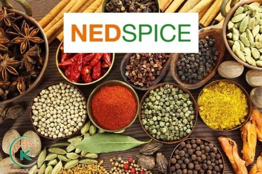 Bowls of spices with the Nedspice logo